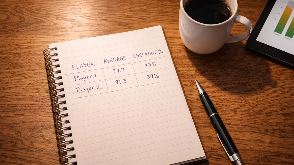 Notitieboek met handgeschreven darts statistieken en een pen op tafel