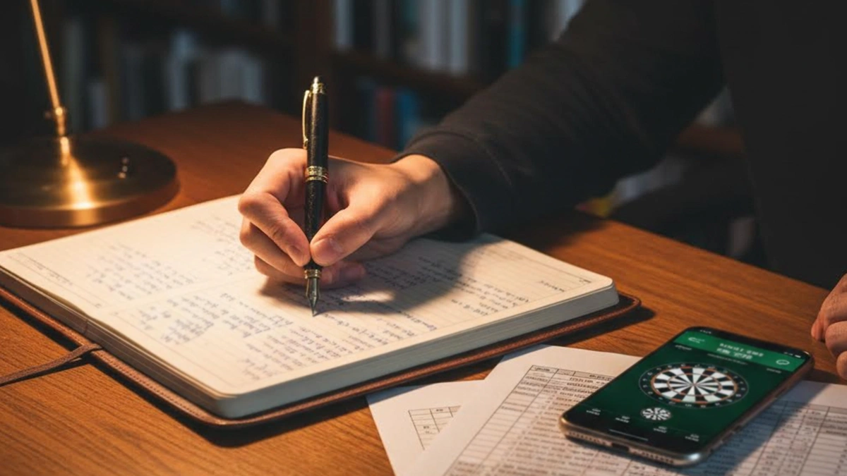 Persoon maakt aantekeningen over darts weddenschappen bij een bureau