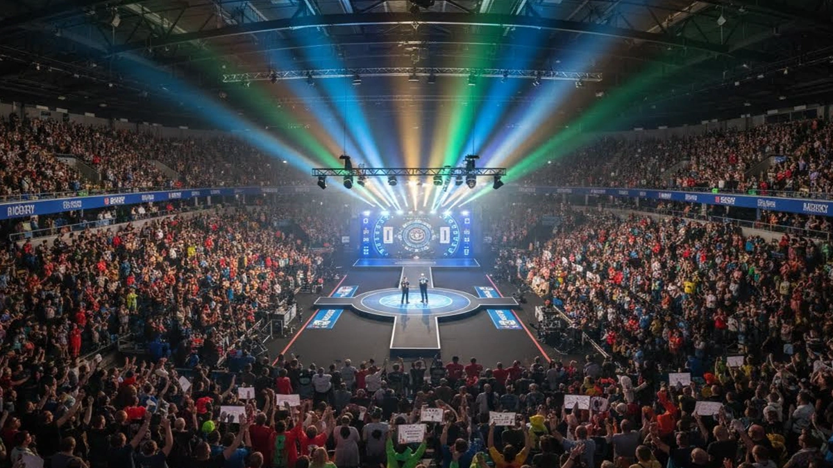 Volle arena met fans tijdens een groot professioneel darttoernooi