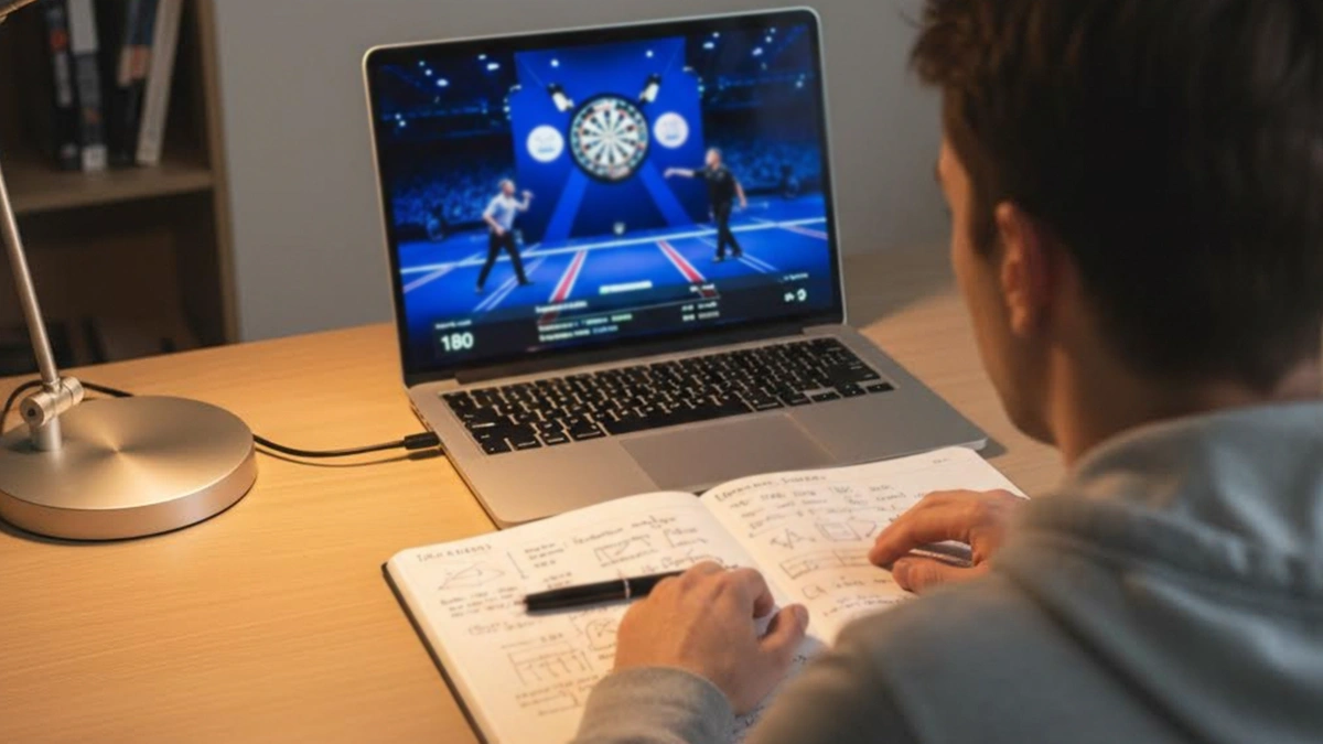 Persoon bestudeert darts wedstrijdschema op laptop met notitieblok