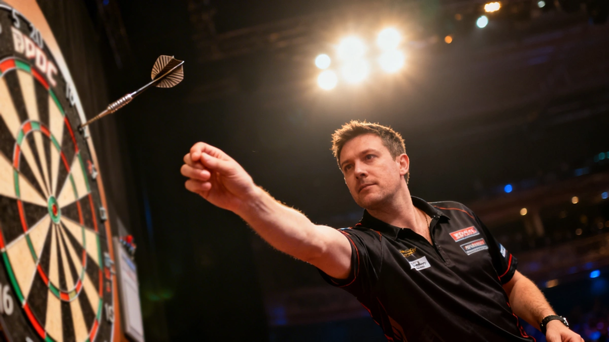Professionele dartspeler gooit pijl op dartbord in verlichte arena